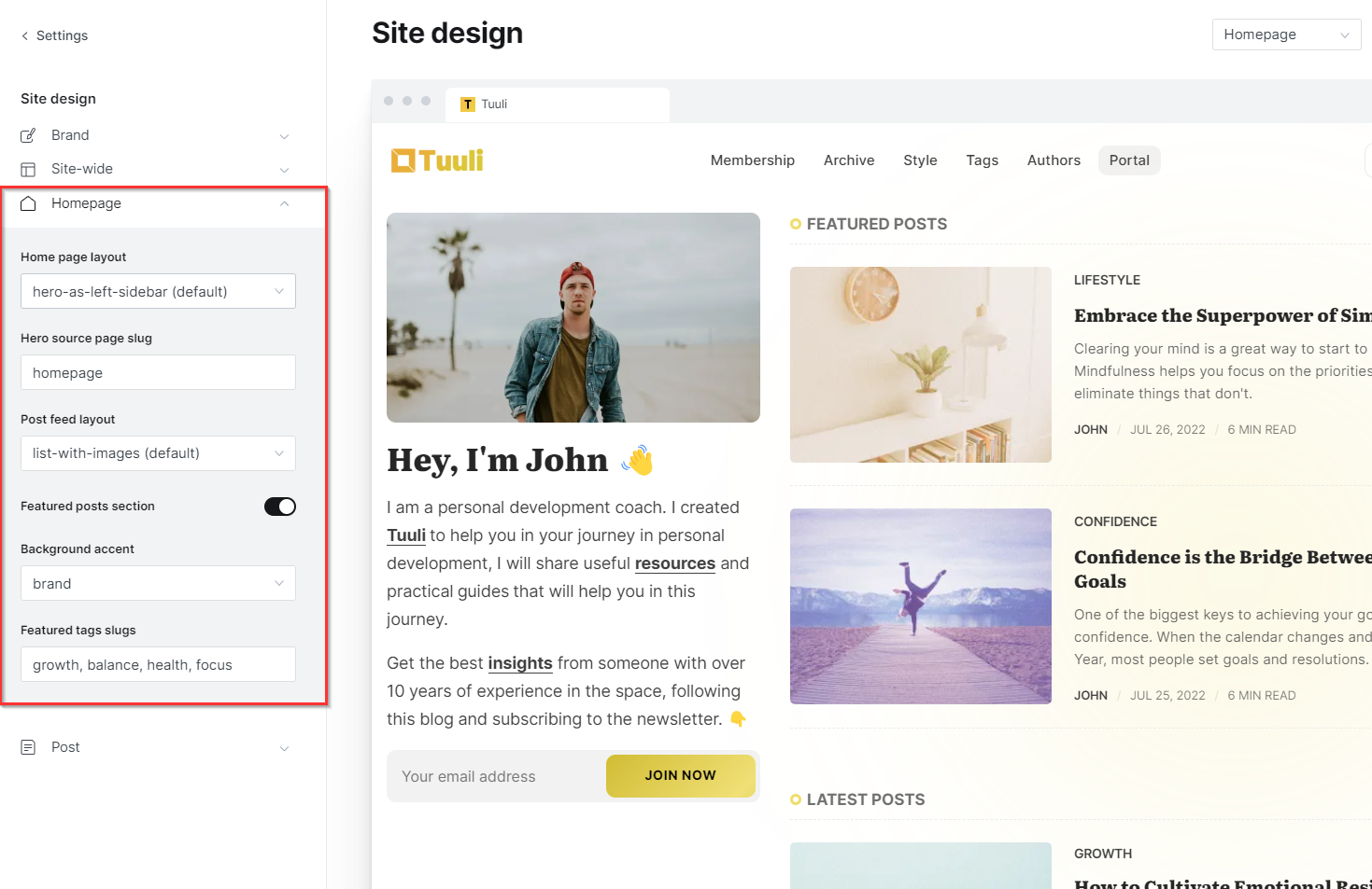 Create your own homepage in Tuuli with custom settings and no code